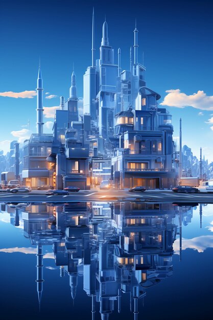 Città 3D blu vetro frosted trasparente tecnologia senso AI generativo