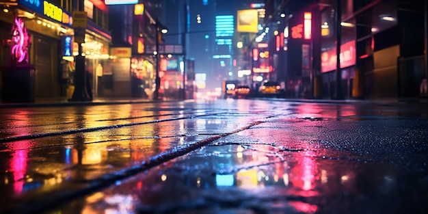 Città afterrain di notte con luci al neon e sfumature colorate IA generativa