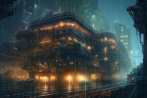 Città aliena in stile cyberpunk in fiamme