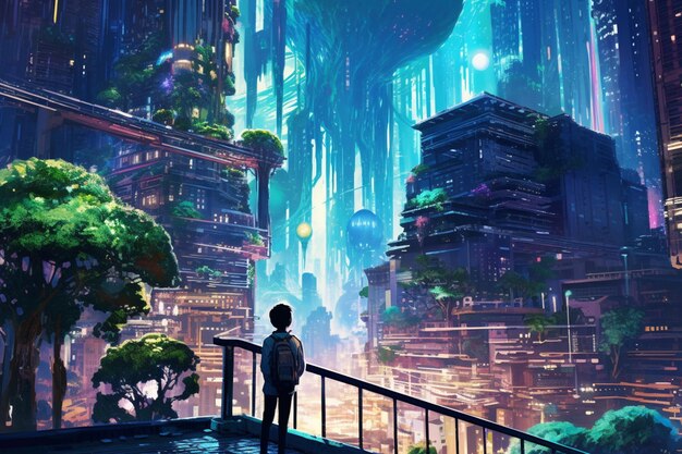 città anime con un uomo in piedi su un ponte che guarda l'intelligenza artificiale generativa della città