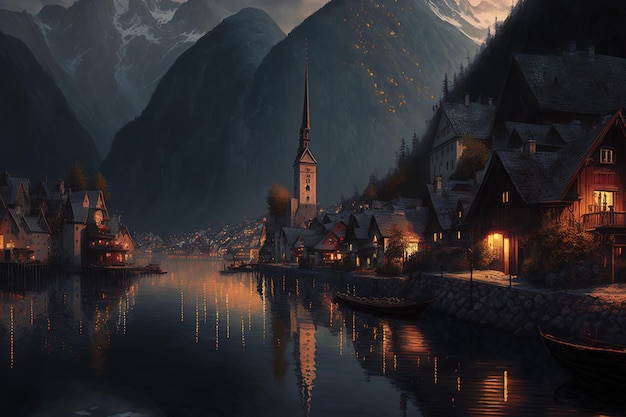 Città austriaca della pittura a olio di Hallstatt