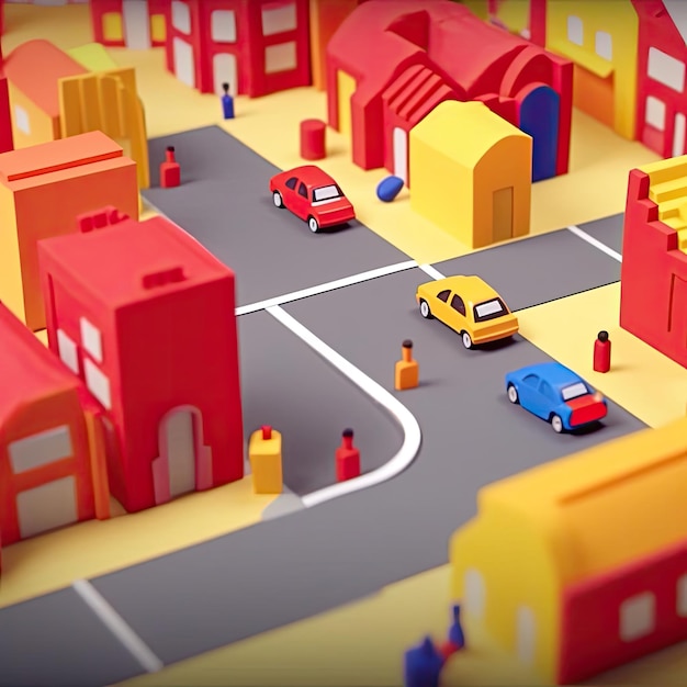 Città con auto sulla strada illustrazione 3D