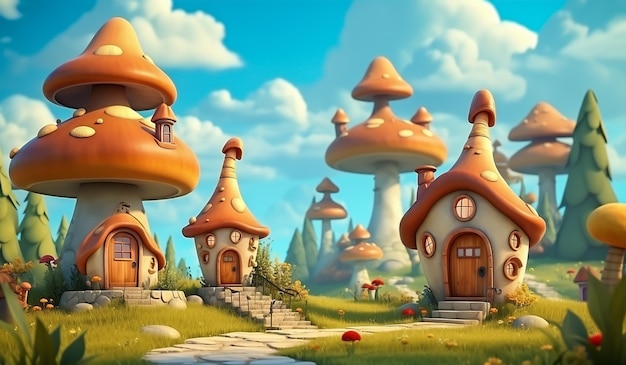 Città con casa a forma di funghi Fiore incantato generato dall'IA