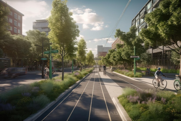 Città con spazi verdi interconnessi, piste ciclabili e strade pedonali