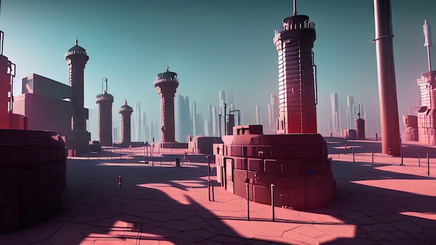 Città cyberpunk di fantasia nella fortezza del castello del faro della mega struttura nella rappresentazione 3D della torre del deserto