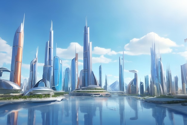 Città dei sogni nel futuro o paesaggio dello skyline della città futuristica alla luce del giorno