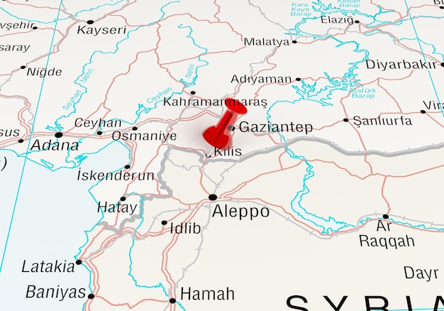 Città della mappa del terremoto in Turchia con una spilla rossa