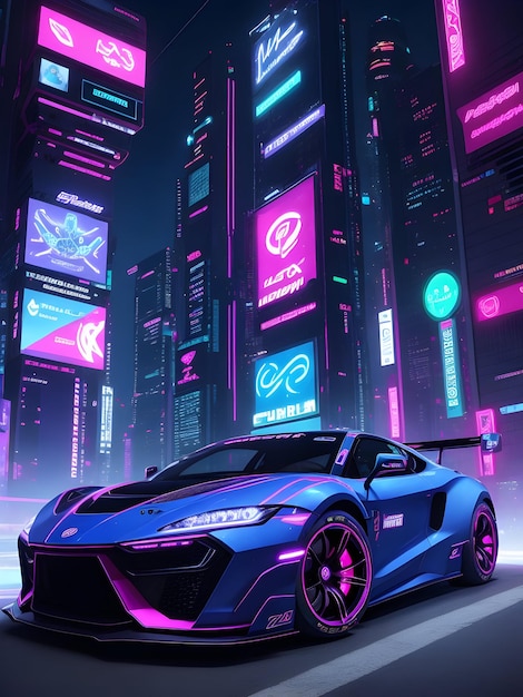 Città di auto super sportive con luce al neon