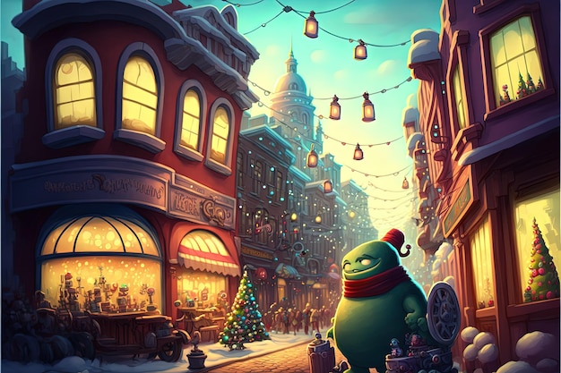 Città di fantasia Natale inverno immagine surreale con splendidi edifici e neve Alberi di Natale e felicità Generativo Ai
