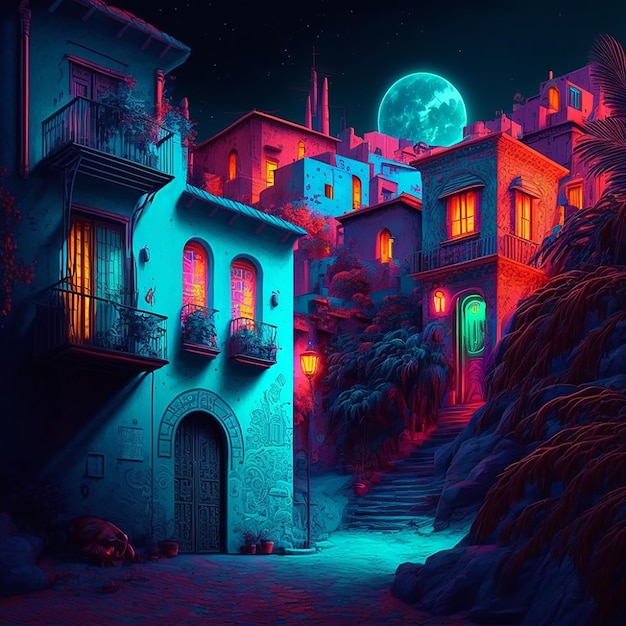 Città di illustrazione di notte di fantasia al neon sotto la luce della luna