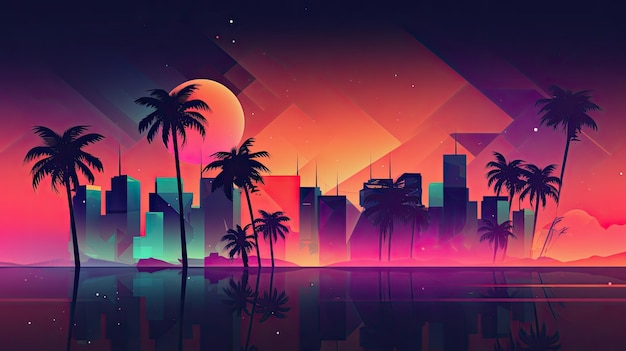 Città di Miami illustrazione colorata al tramonto con edifici palme e acqua