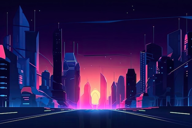 Città di notte con luci al neon illustrazione gioco 3d città futuristico stile cartone animato tramonto blu AI Generato