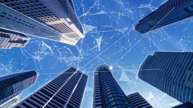 Città digitale intelligente con il grafico astratto di globalizzazione che mostra la rete di connessione