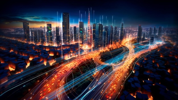 Città digitale intelligente con scia luminosa ad alta velocità di auto per il trasferimento di dati digitali IA generativa