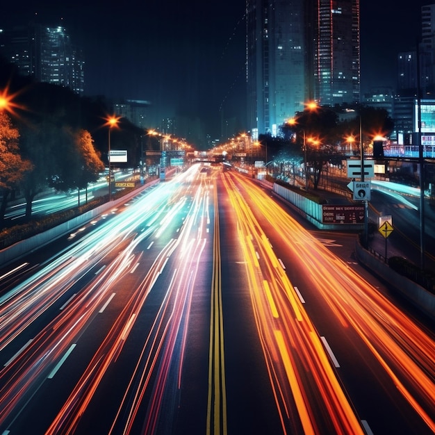 Città digitale intelligente con scia luminosa ad alta velocità di auto per il trasferimento di dati digitali