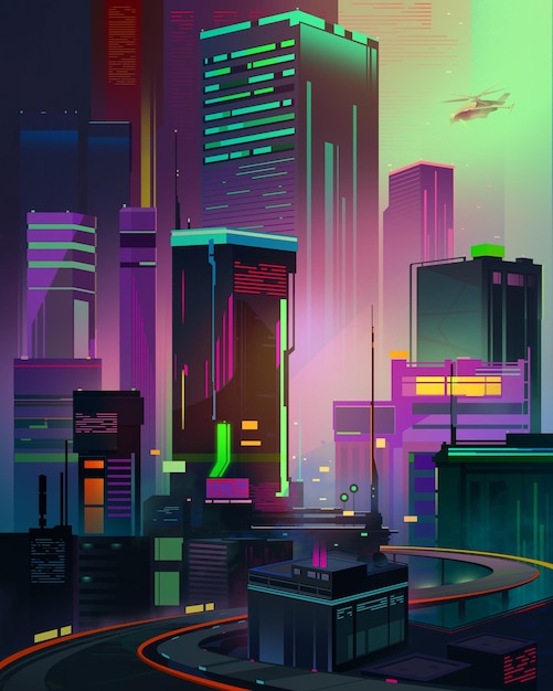Città disegnata del futuro paesaggio urbano cyberpunk