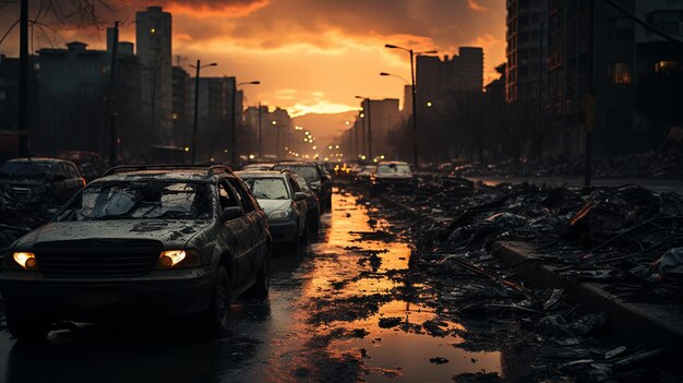 Città distrutta con auto abbandonata