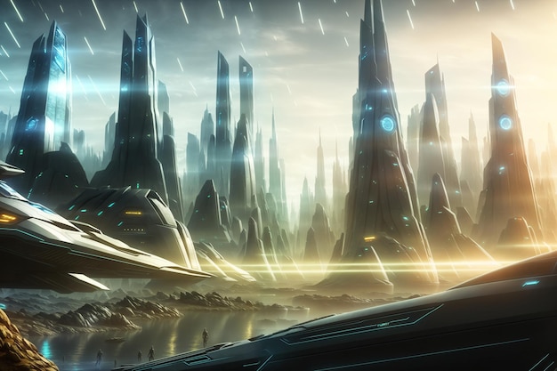 città fantascientifica con edifici skyline futuristici concept art cyber metaverse city