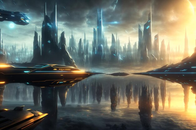 città fantascientifica con edifici skyline futuristici concept art cyber metaverse city