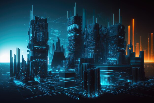 Città futura del cyberspazio sotto forma di virtualità digitale ologramma futuro mondo robotico tecnologico