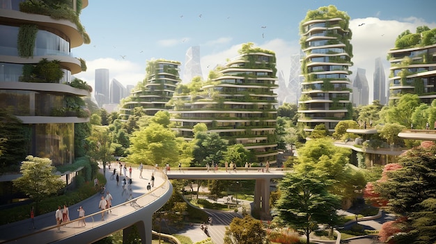 Città futura eco-friendly con edifici verdi