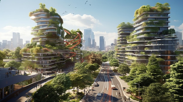 Città futura eco-friendly con edifici verdi