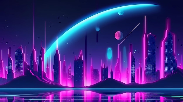 Città futuristica al neon cyberpunk con la luna sullo sfondo ai generativa