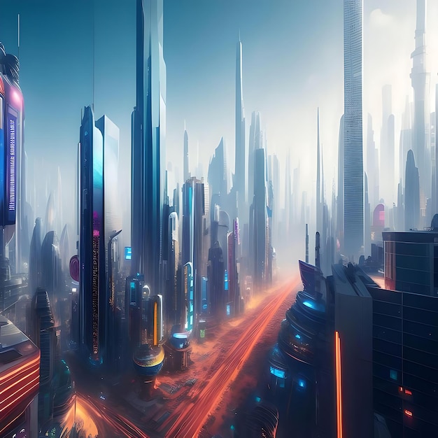 Città futuristica con cartelloni pubblicitari Cartellone pubblicitario futuristico città futuristica con auto volanti