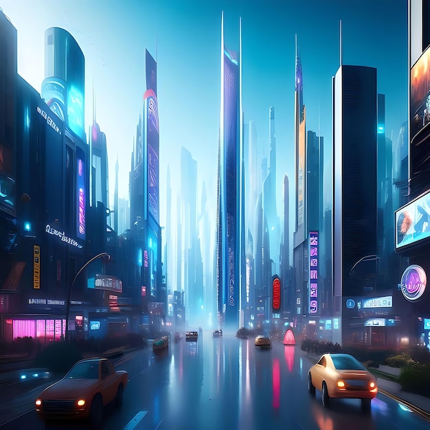 Città futuristica con cartelloni pubblicitari Cartellone pubblicitario futuristico città futuristica con auto volanti