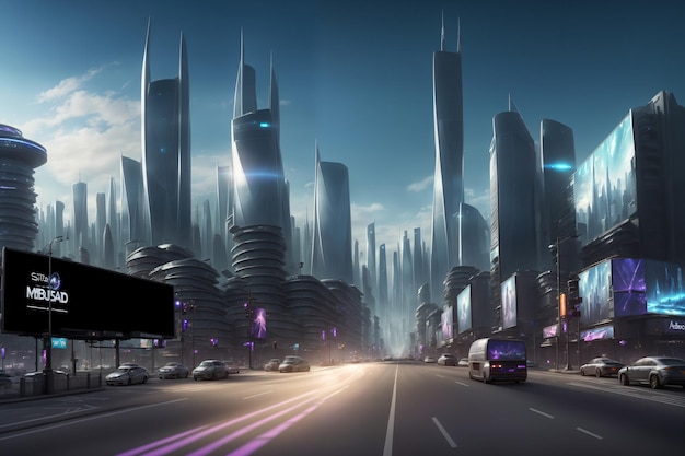 Città futuristica con edifici moderni e cartelloni pubblicitari vivaci che mostrano l'innovazione