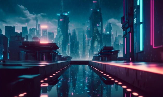 Città futuristica con luce al neon di una strada cittadina illuminata di rosa e blu