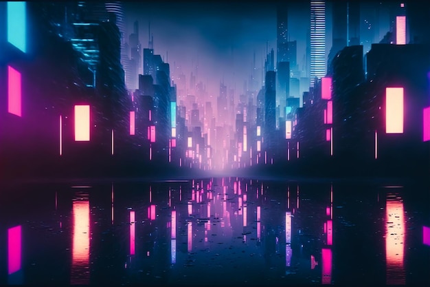 Città futuristica con luce al neon di una strada cittadina illuminata di rosa e blu