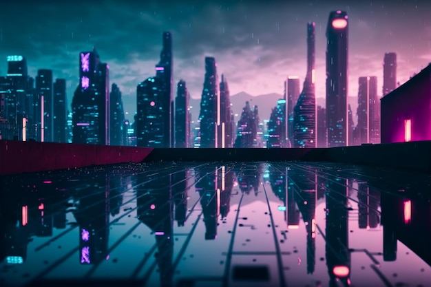 Città futuristica con luce al neon di una strada cittadina illuminata di rosa e blu