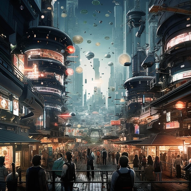Città futuristica con persone che camminano su una passerella in una città futuristica generativa ai