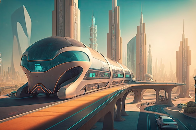 Città futuristica con sistema di trasporto pubblico di veicoli autonomi senza conducente