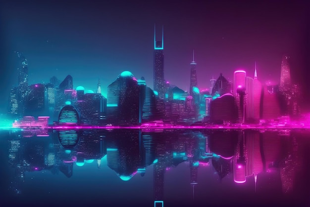 Città futuristica con skyline illuminato rosa e blu al neon