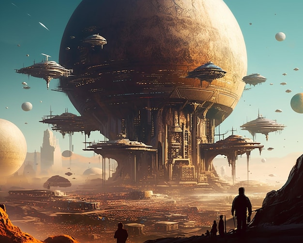 Città futuristica con una gigantesca sfera arancione nel mezzo di un deserto generativo ai