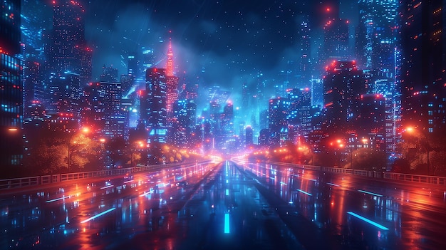 Città futuristica di notte con luci al neon