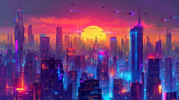 Città futuristica illuminata al neon con grattacieli e veicoli volanti in una metropoli sci-fi