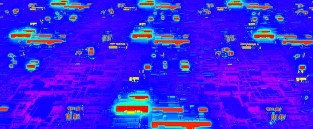 Città futuristica nell'infrarosso Circuito astratto con chip di rendering 3d rosso brillante nel cyberspazio