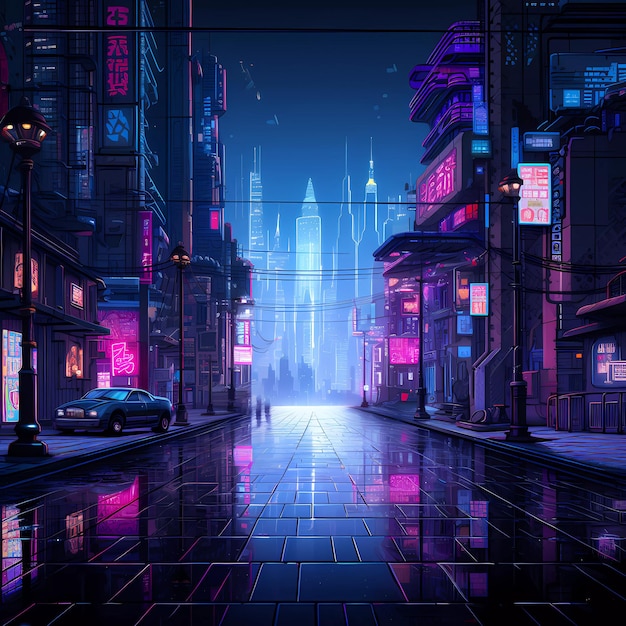 Città futuristica retrò cyberpunk con luci al neon