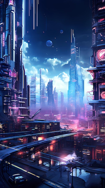 Città futuristica retrò cyberpunk con luci al neon