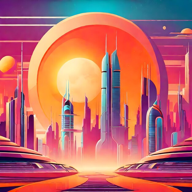 Città futuristica sotto una doppia luna o un sole immagine illustrativa Immagine di scorta AI Generare immagine