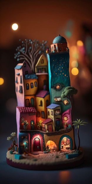 Città in miniatura illuminata con una palma e una stella ai generativa