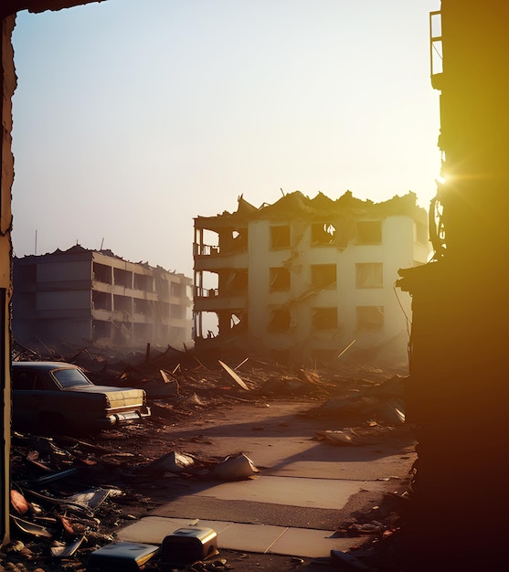 Città in rovina e demolita con edifici in rovina dopo il bombardamento nucleare