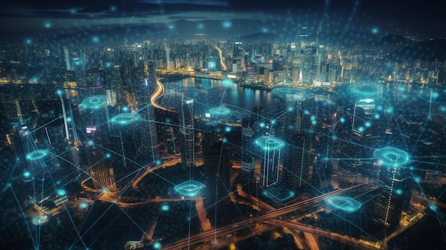 Città intelligente con connessione di rete e internet of things conceptgenerative ai