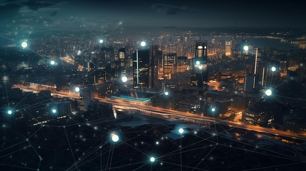 Città intelligente con connessione di rete e internet of things conceptgenerative ai