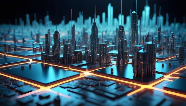 Città intelligente su scheda di circuiti sfondo concetto futuristico di cyberspace