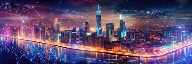 Città intelligente Tecnologia futuristica internet e banner di sfondo del concetto di connessione di big data AI generativa