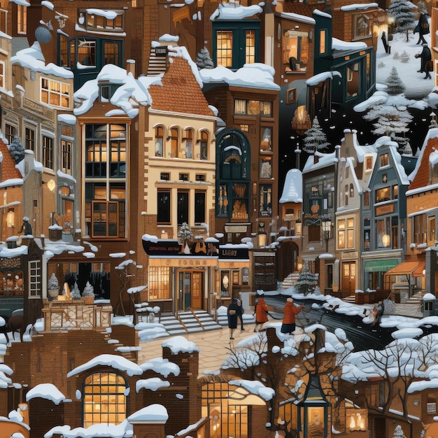 Città invernale e vita cittadina catturate in opere d'arte dettagliate e grandiose piastrellate